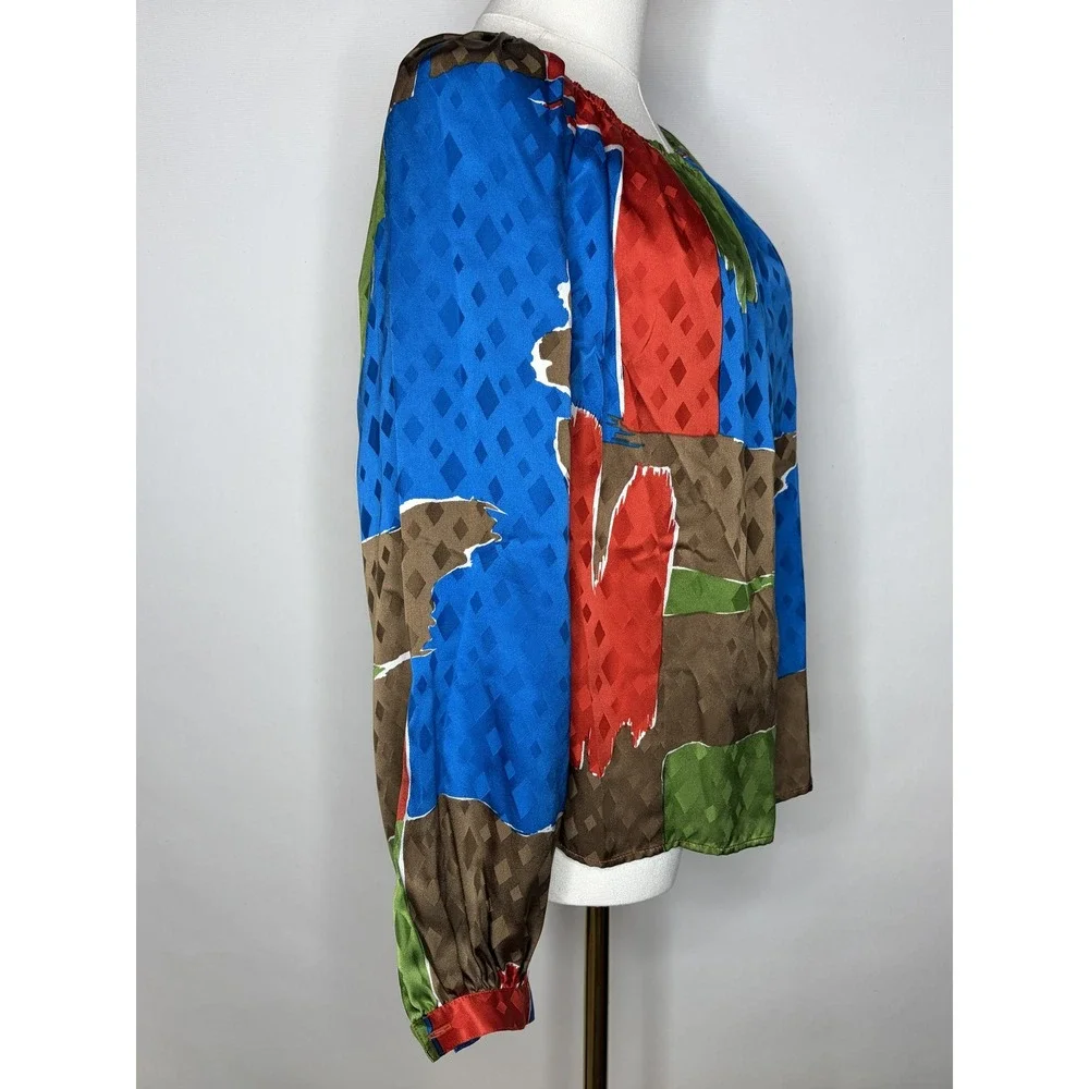 Tory Burch Silk Off The Shoulder Blouse Blue Green Abstract Print 73951 Size 6